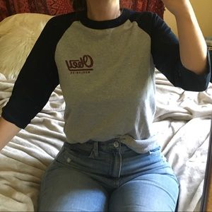 Obey Grey and Navy Raglan Tee w/ Red Logos
